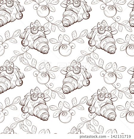 Blueberry and croissant seamless vector pattern, elegant botanical fine line illustration for bakery packaging, cafe branding, pastry boxes and wrapping paper Blueberry and croissant seamless vector pattern, elegant botanical fine line illustration for bakery packaging, cafe branding, pastry boxes and wrapping paper 142131719
