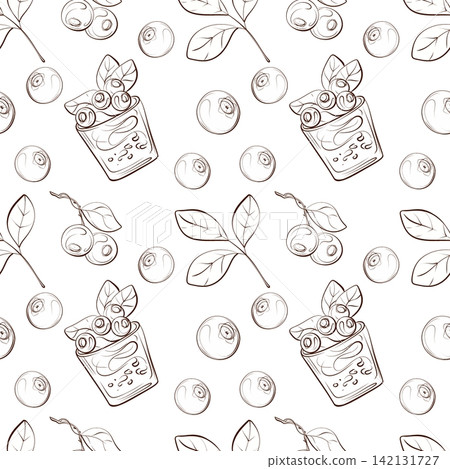 Blueberry healthy breakfast seamless vector pattern with smoothie bowl, berries and botanical foliage, fine line illustration for granola packaging, cafe menus and textiles 142131727