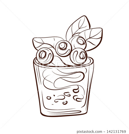 Blueberry smoothie bowl botanical vector line drawing arrangement, elegant monochrome breakfast illustration for cafe branding, healthy food packaging and menus Blueberry smoothie bowl botanical vector line drawing arrangement, elegant monochrome breakfast illustration for cafe branding, healthy food packaging and menus 142131769