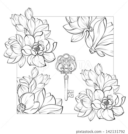 Magnolia vector artistic botanical frame black and white fine line illustration, elegant floral composition for posters, interior prints, branding and editorial design 142131792