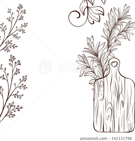 Vertical composition with wooden board, rosemary sprig and botanical branches, fine line vector illustration in rustic farmhouse style for menu layouts and packaging 142131798