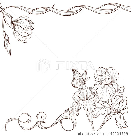 Iris horizontal botanical frame vector with butterfly, black white vintage line drawing for branding, packaging, wedding stationery, menus, certificates and wall art Iris horizontal botanical frame vector with butterfly, black white vintage line drawing for branding, packaging, wedding stationery, menus, certificates and wall art 142131799