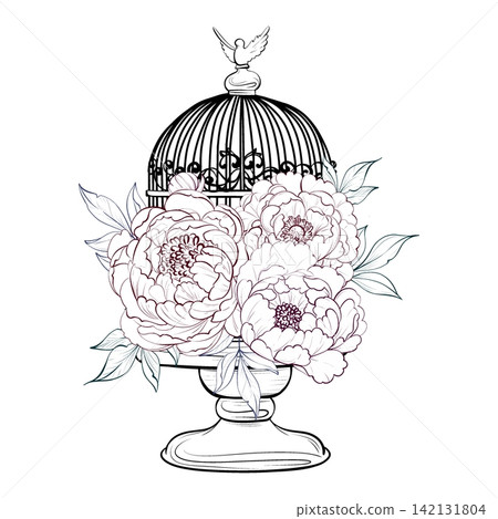 Peony bouquet in bird cage composition. Romantic vintage floral decor for wedding invitations and design Peony bouquet in bird cage composition. Romantic vintage floral decor for wedding invitations and design 142131804