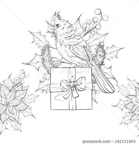 Cardinal on Gift Surrounded by Holly and Poinsettias in Festive Style for Cheerful Seasonal Decoration Cardinal on Gift Surrounded by Holly and Poinsettias in Festive Style for Cheerful Seasonal Decoration 142131805