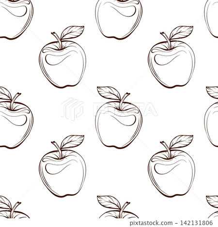 Seamless pattern with ripe apples, botanical fine line vector illustration in classic farmhouse style for fabric, wrapping paper, packaging, stationery and kitchen textiles Seamless pattern with ripe apples, botanical fine line vector illustration in classic farmhouse style for fabric, wrapping paper, packaging, stationery and kitchen textiles 142131806