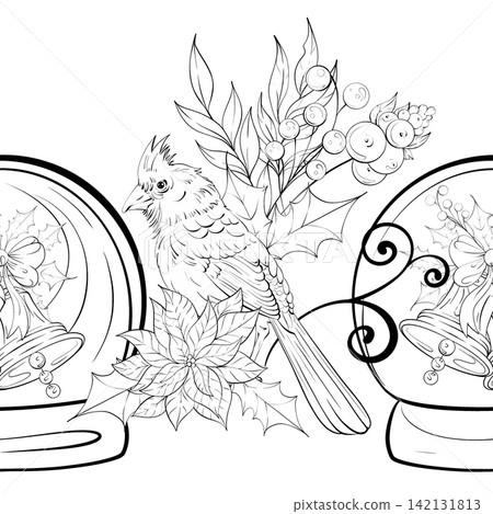 Arrangement With Cardinal Bird and Holiday Decorations in Seamless Pattern Style for Creative Projects and Festive Backgrounds Arrangement With Cardinal Bird and Holiday Decorations in Seamless Pattern Style for Creative Projects and Festive Backgrounds 142131813