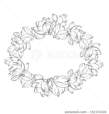 Magnolia vector oval wreath black and white fine line botanical illustration, elegant French outline frame with text space for wedding stationery, luxury branding and certificates 142131816