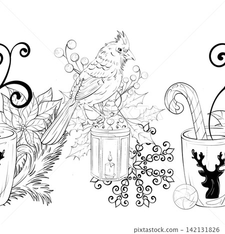 Arrangement of Festive Elements With Seamless Pattern Background and Border Featuring a Cardinal Winter Drinks and Holiday Decorations 142131826