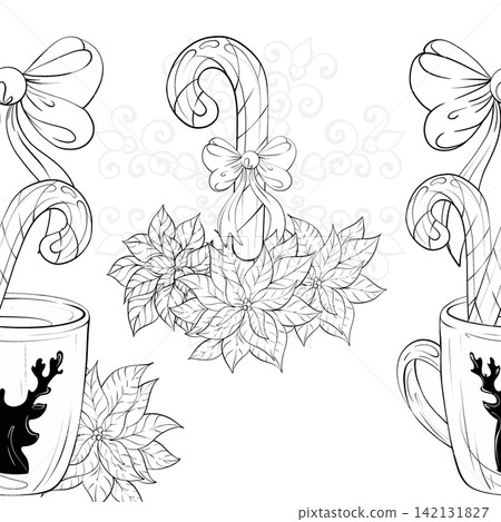 Arrangement of Candy Cane Mugs With Leaves and Bows in Seamless Pattern Style for Festive Background and Border Decor During Holiday Celebrations Arrangement of Candy Cane Mugs With Leaves and Bows in Seamless Pattern Style for Festive Background and Border Decor During Holiday Celebrations 142131827