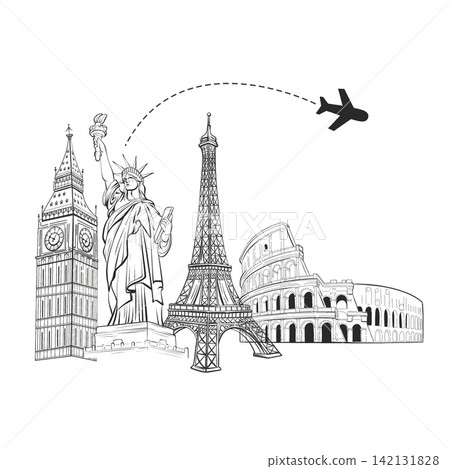 Travel Composition with Landmarks Airplane Route Black and White Vector, Tourism Line Art Illustration Clipart Design Travel Composition with Landmarks Airplane Route Black and White Vector, Tourism Line Art Illustration Clipart Design 142131828