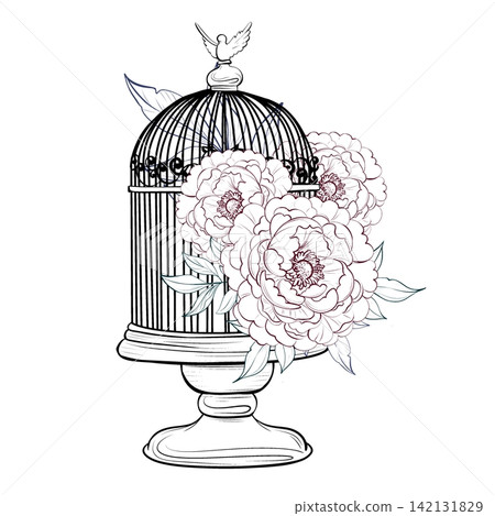 Floral composition with bird cage and peonies. Romantic decor for wedding design Floral composition with bird cage and peonies. Romantic decor for wedding design 142131829