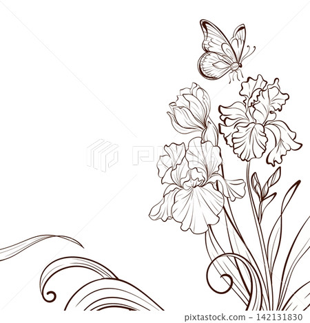 Iris freeform botanical frame vector with butterfly, black white fine line illustration for branding, stationery, packaging, greeting cards, book covers and wall art Iris freeform botanical frame vector with butterfly, black white fine line illustration for branding, stationery, packaging, greeting cards, book covers and wall art 142131830