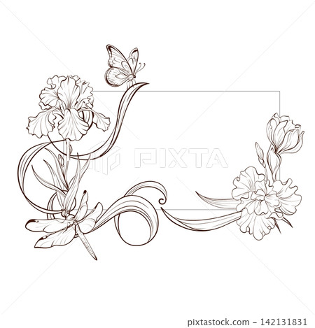 Iris asymmetrical botanical frame vector with butterfly, black white fine line illustration for branding, stationery, greeting cards, packaging, book covers and wall art Iris asymmetrical botanical frame vector with butterfly, black white fine line illustration for branding, stationery, greeting cards, packaging, book covers and wall art 142131831