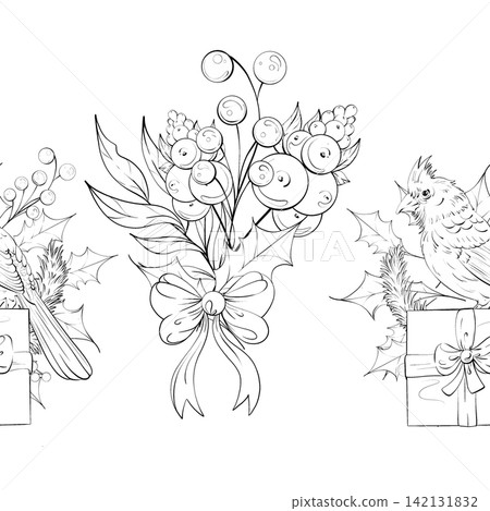 Arrangement of Holiday Gifts and Greenery Seamless Pattern Festive Background Decorative Border Showcasing Winter Designs With Birds and Berries Arrangement of Holiday Gifts and Greenery Seamless Pattern Festive Background Decorative Border Showcasing Winter Designs With Birds and Berries 142131832