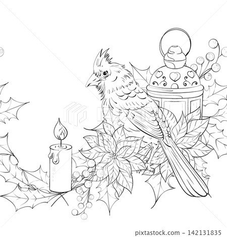 Cardinal Bird Candle and Lantern Arrangement Seamless Pattern Background and Border Festive Design With Holly Leaves and Poinsettias for Holiday Decor and Crafts 142131835