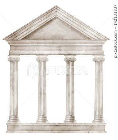 Ancient portico watercolor illustration with classical columns and triangular pediment isolated on background. Mediterranean architecture clipart for Italy, Greek, Roman and historical designs. Ancient portico watercolor illustration with classical columns and triangular pediment isolated on background. Mediterranean architecture clipart for Italy, Greek, Roman and historical designs. 142131837