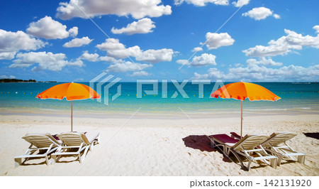 Parasols and beach in Mauritius island 142131920