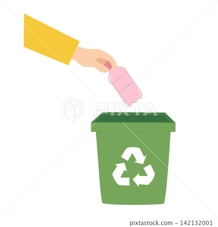 Hand throwing aluminum drink can into green recycle trash bin waste sorting eco concept sticker print visual graphic clipart artwork design icon element illustration 142132001