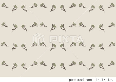 Botanical repeat pattern with triangular fern leaves and roses, taupe tones Botanical repeat pattern with triangular fern leaves and roses, taupe tones 142132189