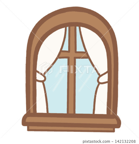 Arch wooden window frame with white curtains cozy home cafe interior decor sticker print visual graphic clipart artwork design icon element illustration Arch wooden window frame with white curtains cozy home cafe interior decor sticker print visual graphic clipart artwork design icon element illustration 142132208