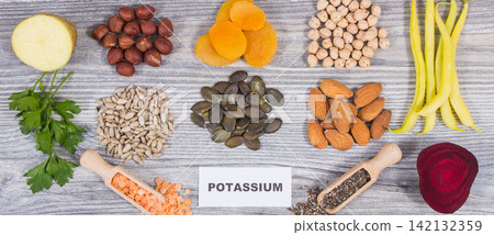 Healthy nutritious ingredients containing natural potassium, vitamin K and minerals Healthy nutritious ingredients containing natural potassium, vitamin K and minerals 142132359