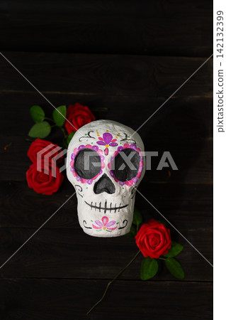 Day of the Dead Sugar Skull Still Life with Marigolds, Roses, and Candles Day of the Dead Sugar Skull Still Life with Marigolds, Roses, and Candles 142132399