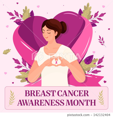 Breast Cancer Awareness Month Woman Making Heart Poster Breast Cancer Awareness Month Woman Making Heart Poster 142132404