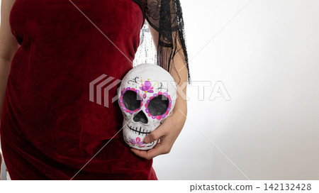 Dia de los Muertos Portrait: Velvet Burgundy Dress with Hand-Painted Calavera Skull Dia de los Muertos Portrait: Velvet Burgundy Dress with Hand-Painted Calavera Skull 142132428