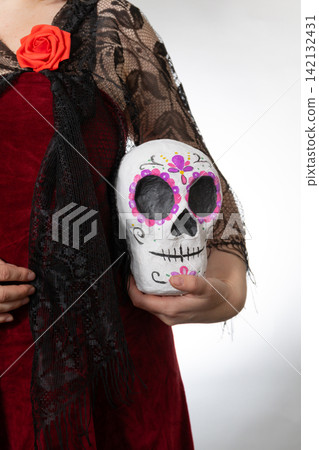 Day of the Dead Calavera Portrait with Copy Space for Advertising Design 142132431