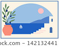 Minimalist mediterranean coast illustration with olive branches, sailboat and seaside view 142132441