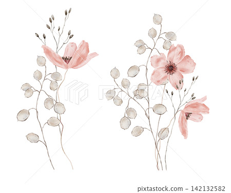 Hand drawn watercolor botanical illustration of soft pink blossoms paired with silvery foliage and fine stems. Bouquets flowers with dark centers and slender wildflower stalks. For invitations, cards Hand drawn watercolor botanical illustration of soft pink blossoms paired with silvery foliage and fine stems. Bouquets flowers with dark centers and slender wildflower stalks. For invitations, cards 142132582