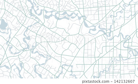 Routes trace across meandering waterway surrounded by residential grids and wooded patches Routes trace across meandering waterway surrounded by residential grids and wooded patches 142132607