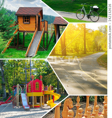 Outdoor City Park Activities Collage with Playgrounds Bicycle and Giant Chess Park Recreation Collage Featuring Children Play Area Bike Path and Chess Outdoor City Park Activities Collage with Playgrounds Bicycle and Giant Chess Park Recreation Collage Featuring Children Play Area Bike Path and Chess 142132616