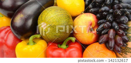 Colorful Assortment of Fresh Fruits and Vegetables Close Up Colorful Assortment of Fresh Fruits and Vegetables Close Up 142132617