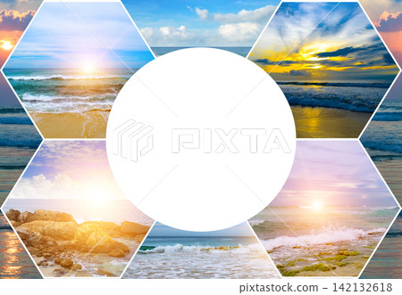 Tropical Ocean Sunset and Beach Landscapes Collage with Circle Copy Space Tropical Ocean Sunset and Beach Landscapes Collage with Circle Copy Space 142132618