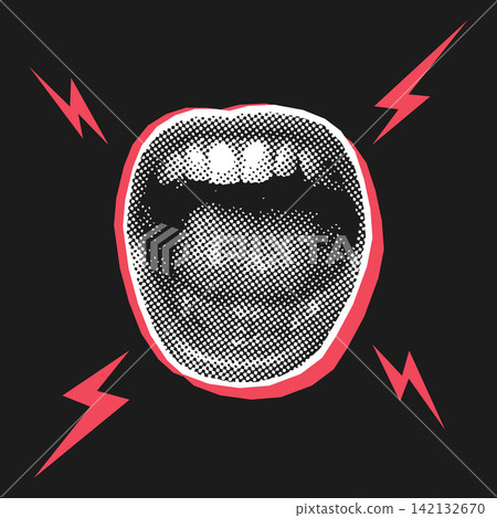 Screaming open mouth with lightning bolts on a dark background, vector illustration, halftone pop art style, bold energetic concept. Screaming open mouth with lightning bolts on a dark background, vector illustration, halftone pop art style, bold energetic concept. 142132670