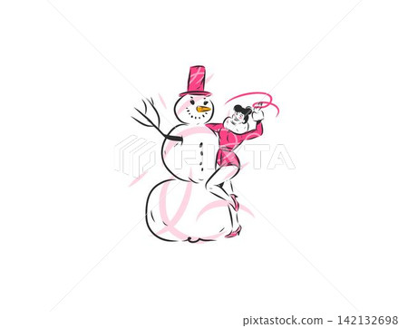 Christmas Woman with Snowman Hand Drawn Vector Illustration, Happy Winter Holiday Girl, Festive New Year Character, Retro Seasonal Greeting Card Design Christmas Woman with Snowman Hand Drawn Vector Illustration, Happy Winter Holiday Girl, Festive New Year Character, Retro Seasonal Greeting Card Design 142132698