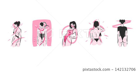 Sensual Women in Swimsuits Hand Drawn Vector Set, Feminine Body Line Art, Female Beauty and Body Positive Poses, Self Love Fashion Illustration Collection 142132706