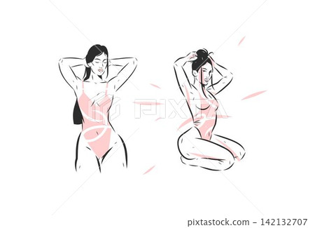 Sensual Women in Lingerie Hand Drawn Vector Illustration, Feminine Body Beauty, Self Love and Body Confidence, Elegant Female Figures in Modern Line Art Style Sensual Women in Lingerie Hand Drawn Vector Illustration, Feminine Body Beauty, Self Love and Body Confidence, Elegant Female Figures in Modern Line Art Style 142132707