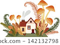 A cozy and fairytale vector illustration of a small country house with smoke coming out of the chimney. The building is surrounded by giant mushrooms, carved fern leaves, bushes, and autumn foliage, w 142132798