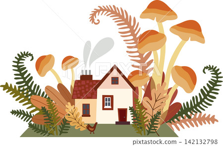 A cozy and fairytale vector illustration of a small country house with smoke coming out of the chimney. The building is surrounded by giant mushrooms, carved fern leaves, bushes, and autumn foliage, w A cozy and fairytale vector illustration of a small country house with smoke coming out of the chimney. The building is surrounded by giant mushrooms, carved fern leaves, bushes, and autumn foliage, w 142132798