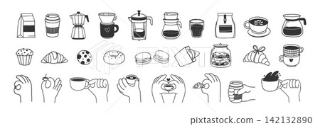 Coffee elements. Doodle breakfast components. Hand drawn crayon bakery, food, drinks, croissant, cookies, cups. Sketch naive restaurant, cafe, menu sticker. Vector set Coffee elements. Doodle breakfast components. Hand drawn crayon bakery, food, drinks, croissant, cookies, cups. Sketch naive restaurant, cafe, menu sticker. Vector set 142132890