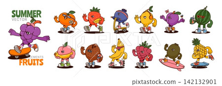 Funny fruits. Summer fruit characters. Cartoon food mascot. Comic cute juicy berry, emotion blueberry, grape, cocos, kiwi with face. Funky vector elements Funny fruits. Summer fruit characters. Cartoon food mascot. Comic cute juicy berry, emotion blueberry, grape, cocos, kiwi with face. Funky vector elements 142132901