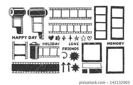 Photo strips elements. Doodle photo camera slide. Vintage hand drawn pencil photo frame, crayon film border, chalk movie roll. Memory board elements. Vector set Photo strips elements. Doodle photo camera slide. Vintage hand drawn pencil photo frame, crayon film border, chalk movie roll. Memory board elements. Vector set 142132903