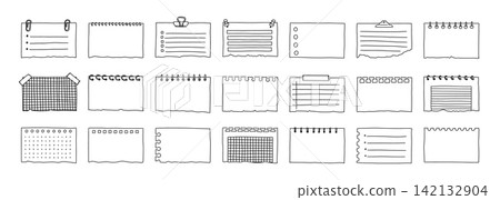 Doodle paper note. Memo notepad. Hand drawn sticky notebook, list board, frame with torn paper corner, reminder for schedule with lined, grid patterns. Vector set Doodle paper note. Memo notepad. Hand drawn sticky notebook, list board, frame with torn paper corner, reminder for schedule with lined, grid patterns. Vector set 142132904