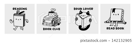 Doodle book characters. Funny emotional books icon. Cartoon funny walking and sitting mascot with bookmark. Cat reading, stack of books and mug. Vector cozy card Doodle book characters. Funny emotional books icon. Cartoon funny walking and sitting mascot with bookmark. Cat reading, stack of books and mug. Vector cozy card 142132905