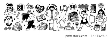 Reading. Doodle books. Cute people characters with books. Book lovers club, student read novel. Hand drawn library, bookstore elements, sticker. Vector set Reading. Doodle books. Cute people characters with books. Book lovers club, student read novel. Hand drawn library, bookstore elements, sticker. Vector set 142132906