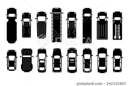 Silhouette car top view. City vehicle icon. Overhead city transport shape silhouettes, automobile, van, suv. Various cars viewed from above. Vector illustration set Silhouette car top view. City vehicle icon. Overhead city transport shape silhouettes, automobile, van, suv. Various cars viewed from above. Vector illustration set 142132907