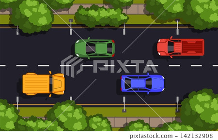 Cars on road top view. Highway traffic. Cartoon city transport driving on straight asphalt road with landscape. Flat vehicle view from above. Vector background Cars on road top view. Highway traffic. Cartoon city transport driving on straight asphalt road with landscape. Flat vehicle view from above. Vector background 142132908