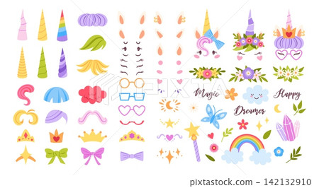 Unicorn creator kit. Cute unicorns modular elements. Magic unicorn characters, face, crowns, bows, heart glasses, stars, flowers, color hair. Vector kids girly sticker for invitation Unicorn creator kit. Cute unicorns modular elements. Magic unicorn characters, face, crowns, bows, heart glasses, stars, flowers, color hair. Vector kids girly sticker for invitation 142132910